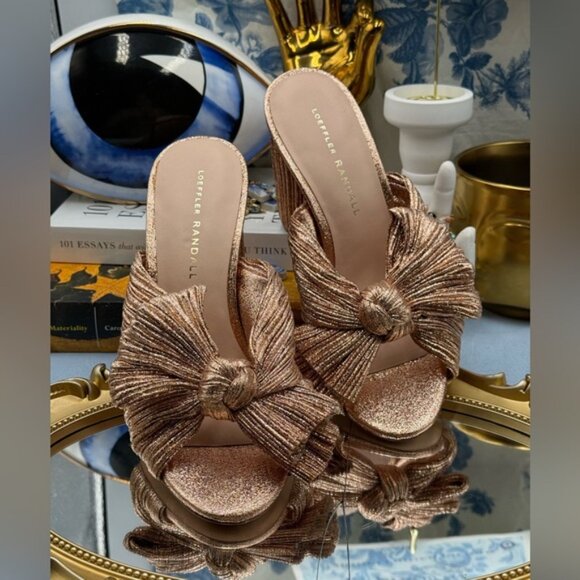 🆕 LOEFFLER RANDALL 🧿 NWOB Penny Metallic Rose Gold Pleated Bow Mule Heel, Sz 7 - Picture 6 of 14